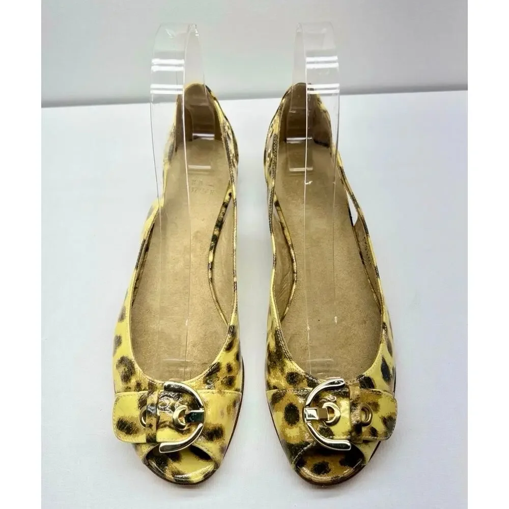 Stuart Weitzman Womens 7 SS Yellow Leopard Print Patent Leather Peep Toe Flats